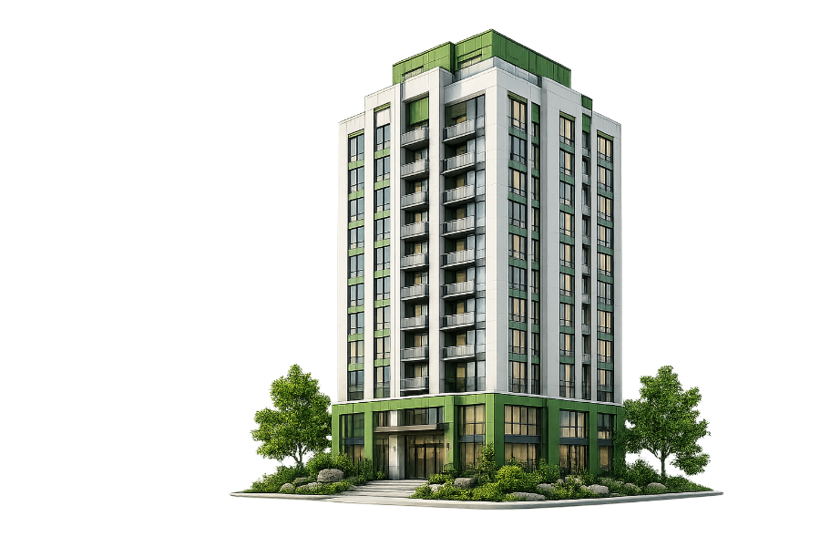 Rendering of a mid-rise residential tower finished by Cosmos Infra